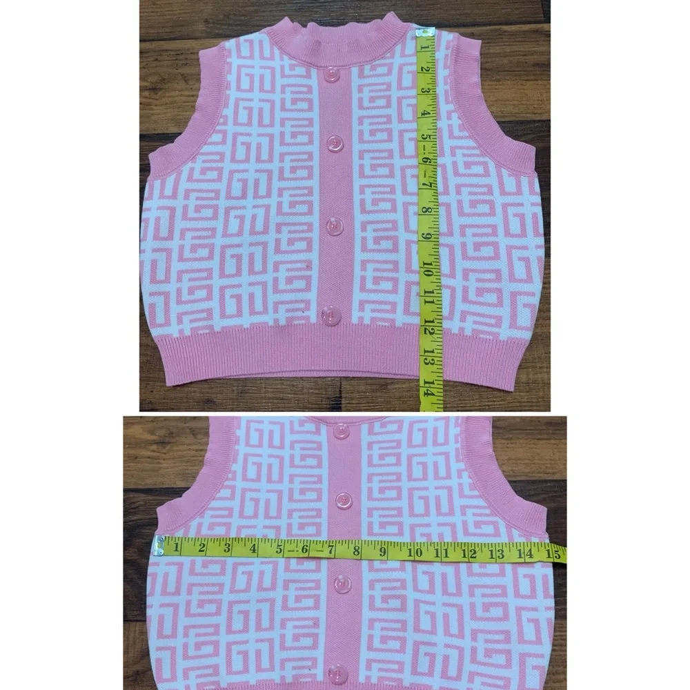 Girls Pink & White Knit 2-Piece Skirt Set Sleeveless Faux Button Front Size L